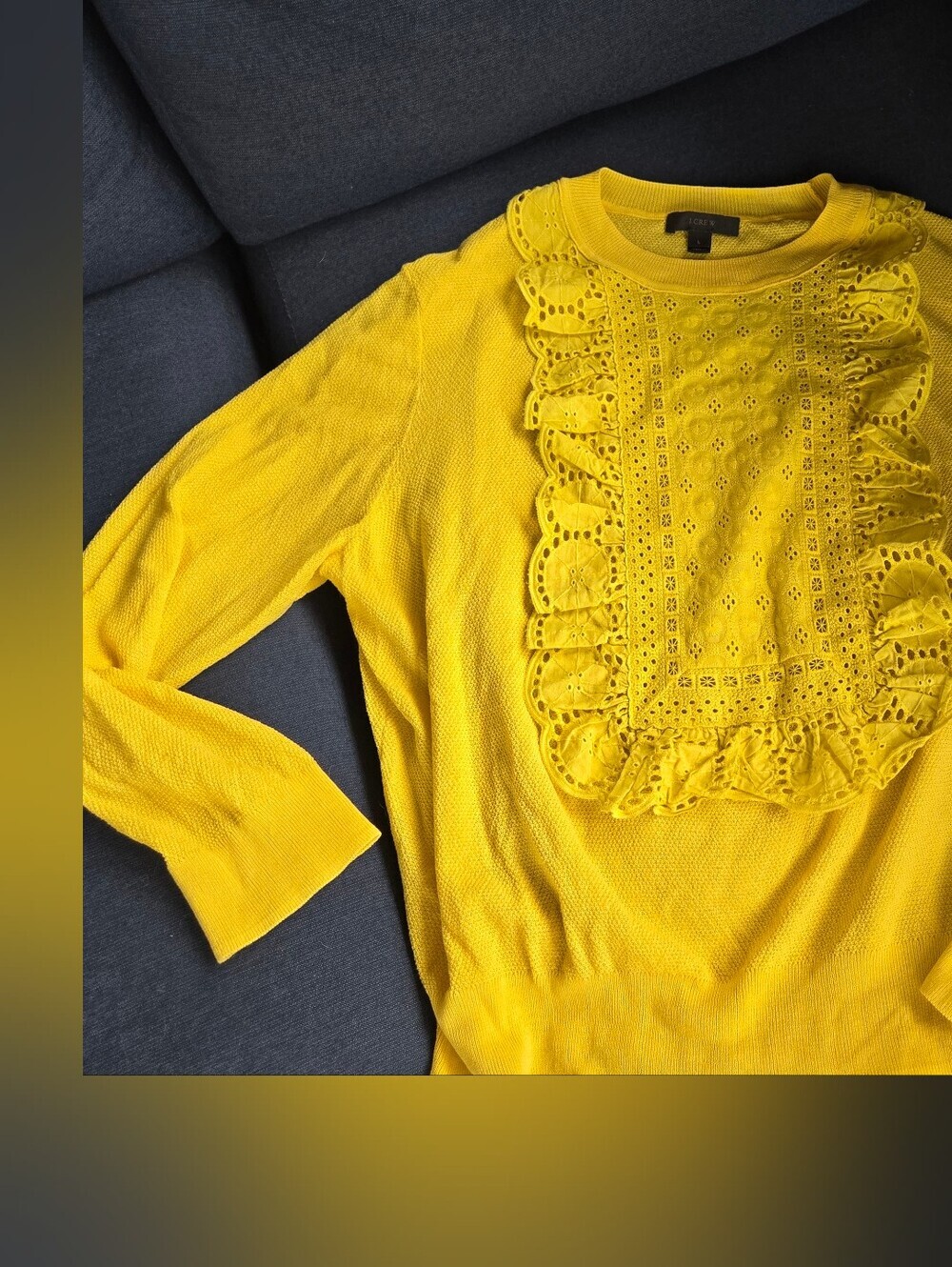 J.Crew L Eyelet Butter Trend Sweater Preppy Lightweight Cropped Ruffle Cleangirl